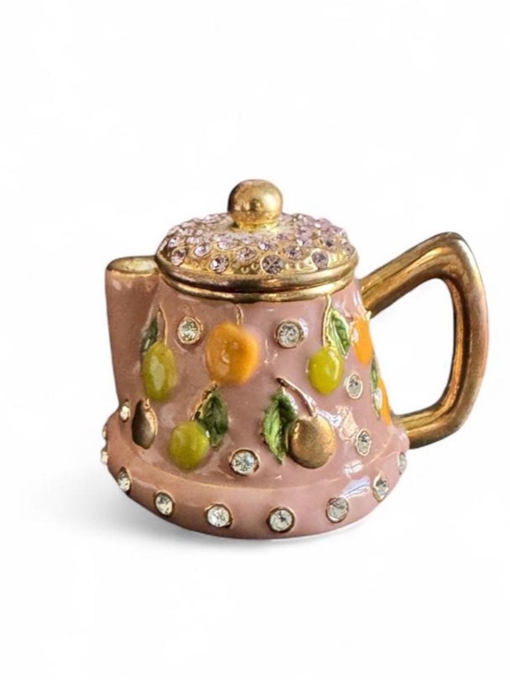 Vintage STAL pink, hand-painted enameled metal teapot trinket box
